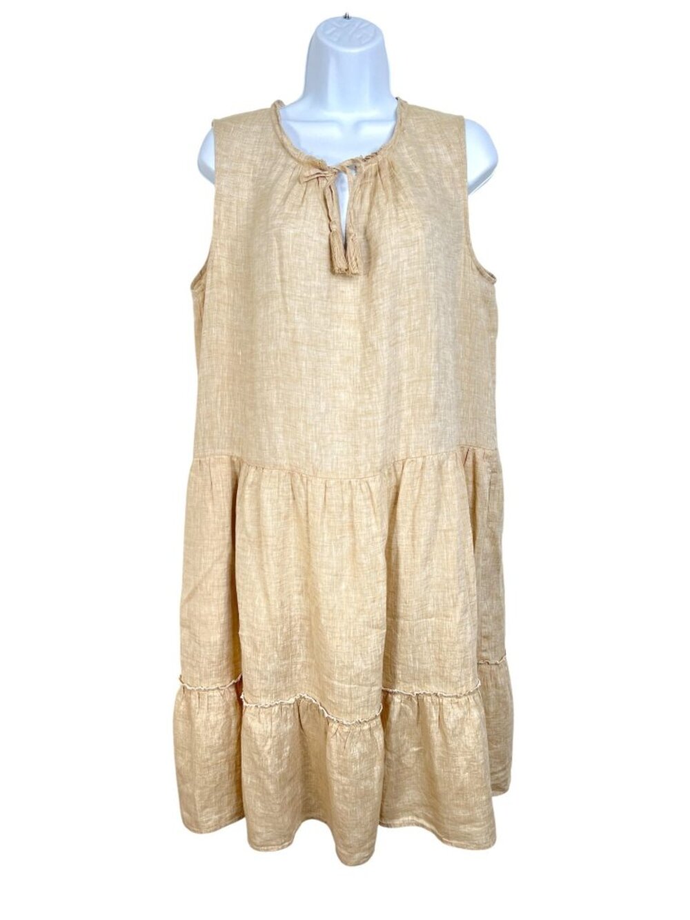 J. McLaughlin Christa Linen Dress Tassel Tiered Shift Neutral Tan Sleeveless LG - Picture 2 of 9